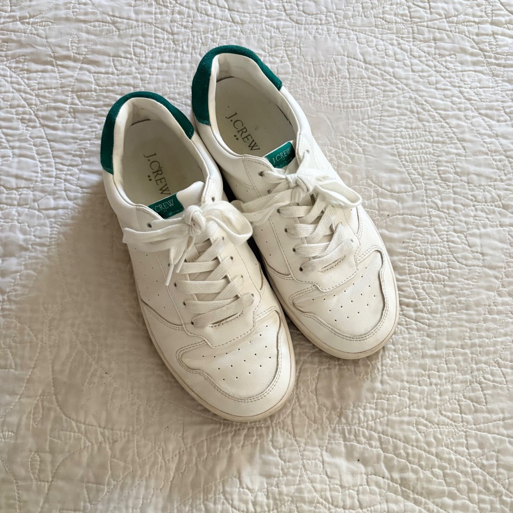 J.Crew Womens Court Sneakers White Green Suede BT215 Size 8 Gum Sole Low Top